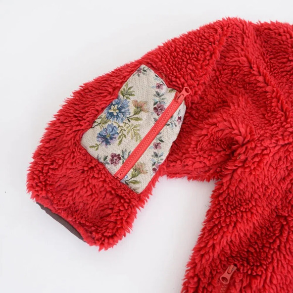 Sandy Liang Boxbox Red Fleece Snap Front Floral Patchwork  Teddy Bear Jacket M - Picture 9 of 13